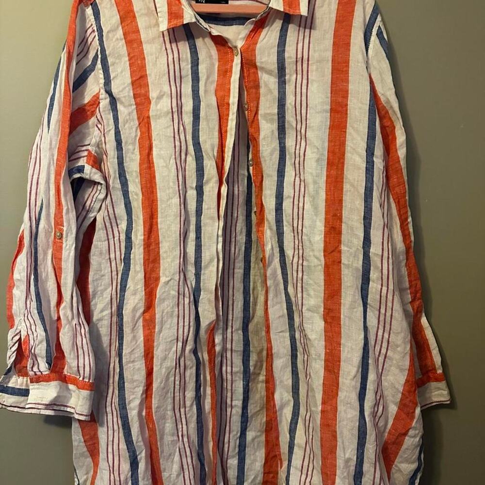 Jones New York JNY 100% Linen Striped Tunic Button Down Shirt 1X Orange Blue